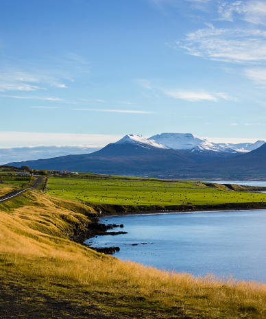 Icelandic countryside lake with mountain range in the distance